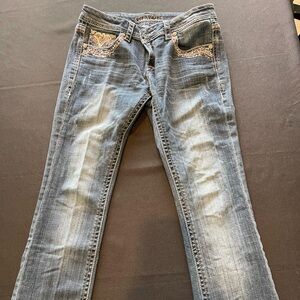 Grace in LA Embellished Blue Denim Jeans with Multicolor Pocket Detail